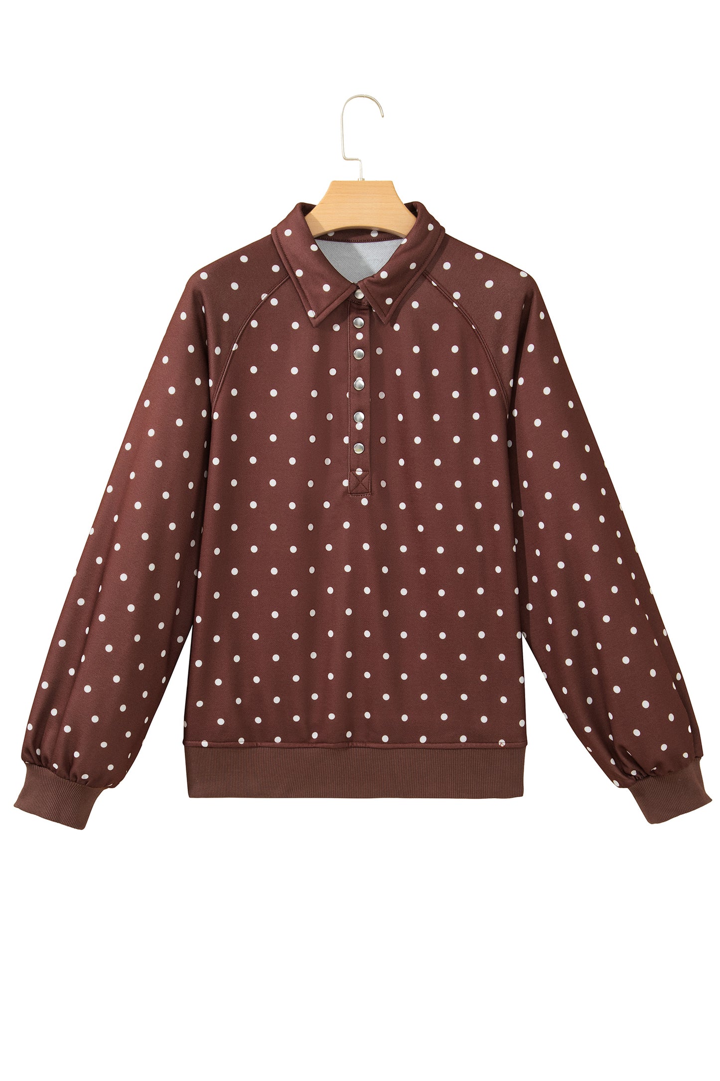 Brown Polka Dot Print Metal Button Collar Casual Pullover Sweatshirt
