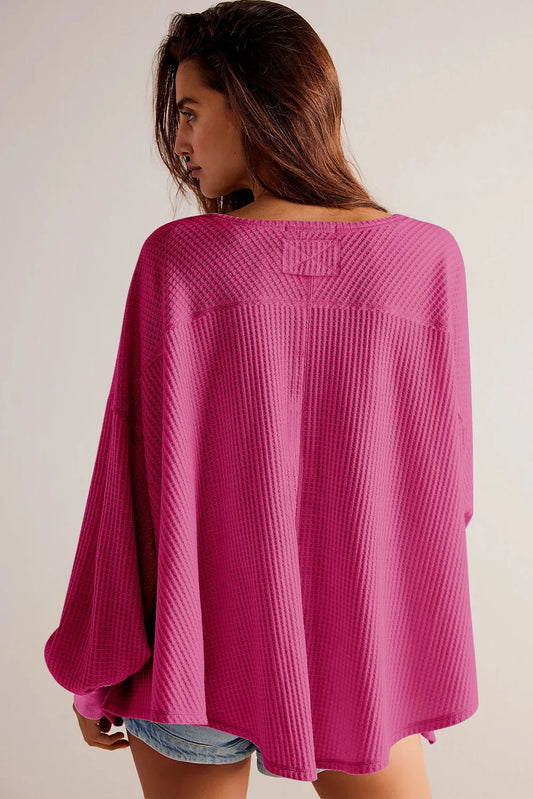 Bright Pink Waffle V Neck Long Sleeve Drop Shoulder Loose Blouse - Chic Meadow Boutique