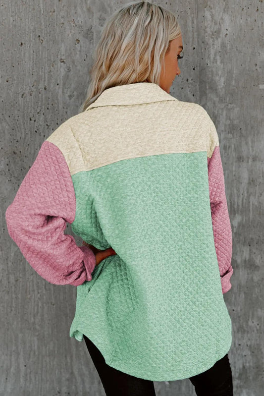 Outerwear/Jackets Green Color Block Patchwork Flap Pocket Quilted Shacket