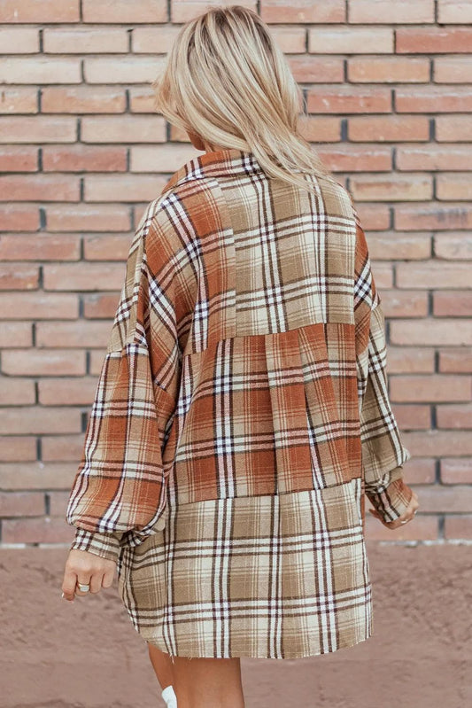 Outerwear/Plaid Shackets Khaki Plaid Colorblock Patchwork High Low Shacket