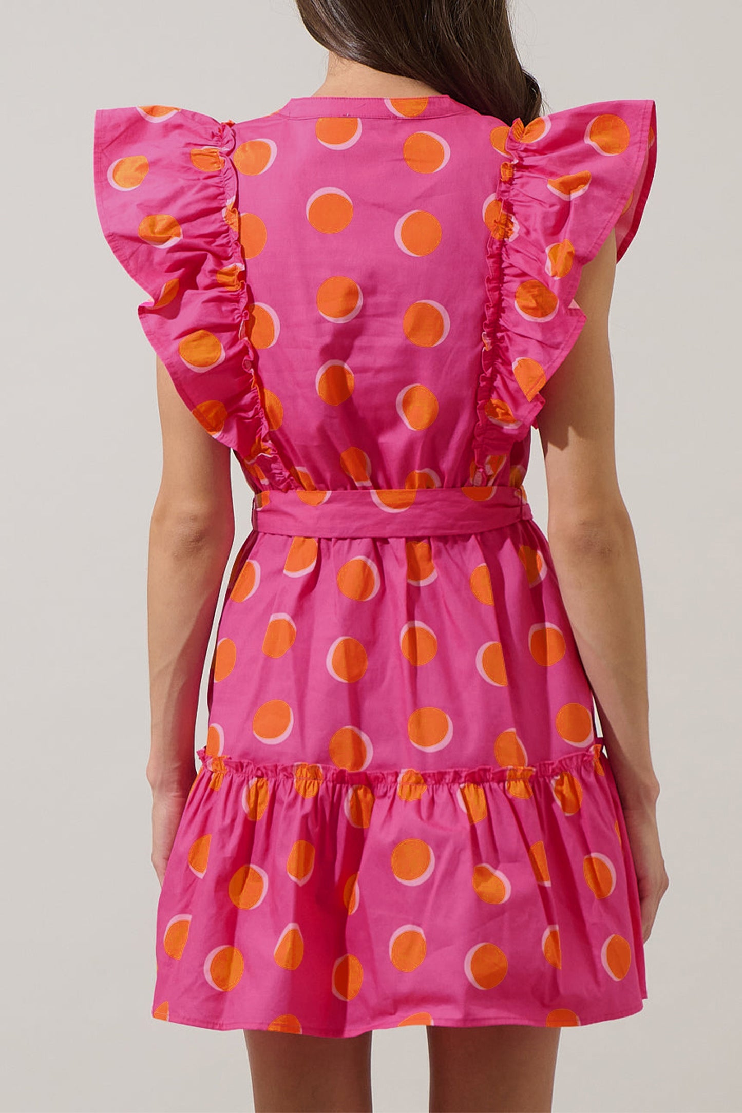 Rose Double Polka Dot V Neck Ruffled Short Sleeve Dress