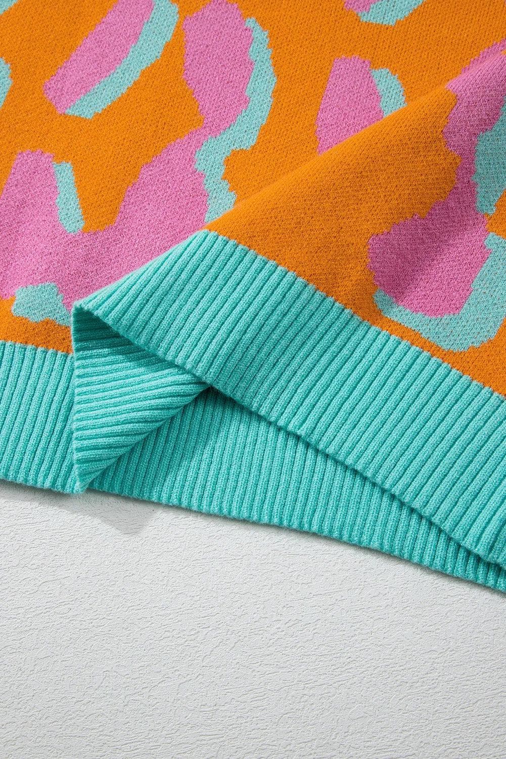 Sweaters & Cardigans/Sweaters Orange Leopard Colorblock Ribbed Edge Sweater