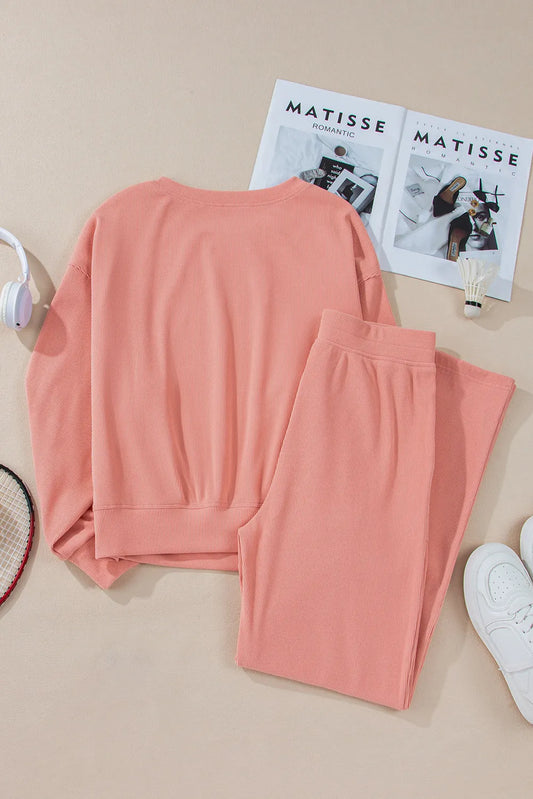 Blossom Ribbed Knit Drop Shoulder Pocketed Two Piece Lounge Set - Chic Meadow Boutique