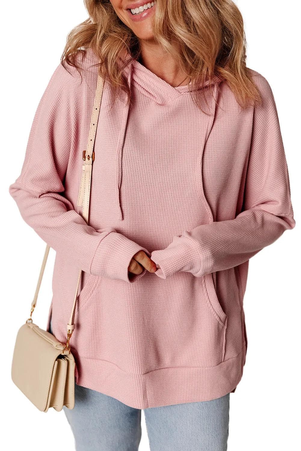Tops/Sweatshirts & Hoodies Light Pink Waffle Knit Fleece Lined High Low Oversized Hoodie