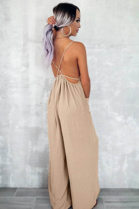 Bottoms/Jumpsuits & Rompers Apricot Spaghetti Straps Waist Tie Wide Leg Jumpsuit with Pockets