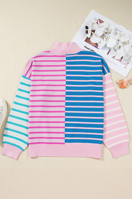Sky Blue Stripe Colorblock Patchwork Plus Size Half Zip Sweater