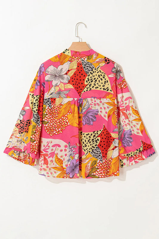 Red Abstract Floral Print Buttoned Ruffled Bubble Sleeve Shirt - Chic Meadow Boutique