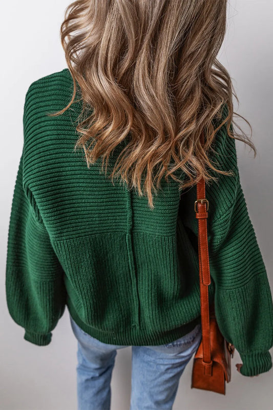 Blackish Green Textured Knit Crewneck Lantern Sleeve Sweater - Chic Meadow Boutique