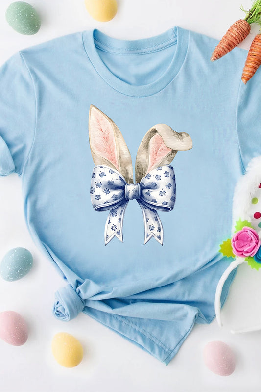 Light Blue Easter Bunny Ears Coquette Bow Graphic Tee