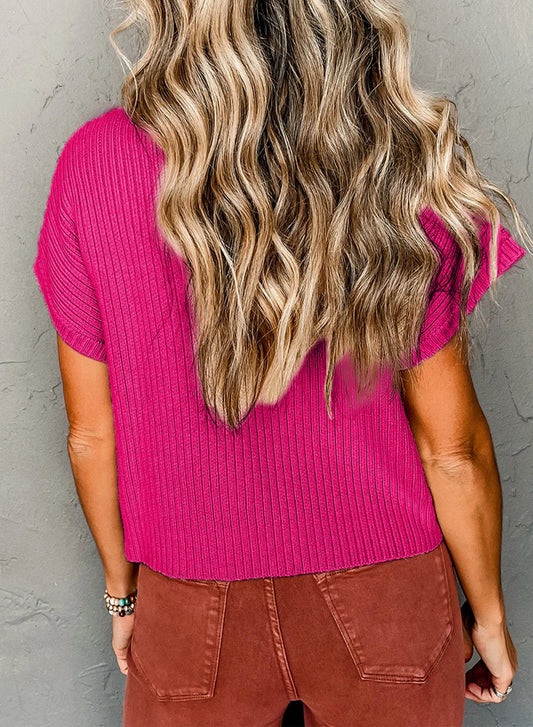 Rose Red Patch Pocket Ribbed Knit Short Sleeve Sweater - Chic Meadow Boutique