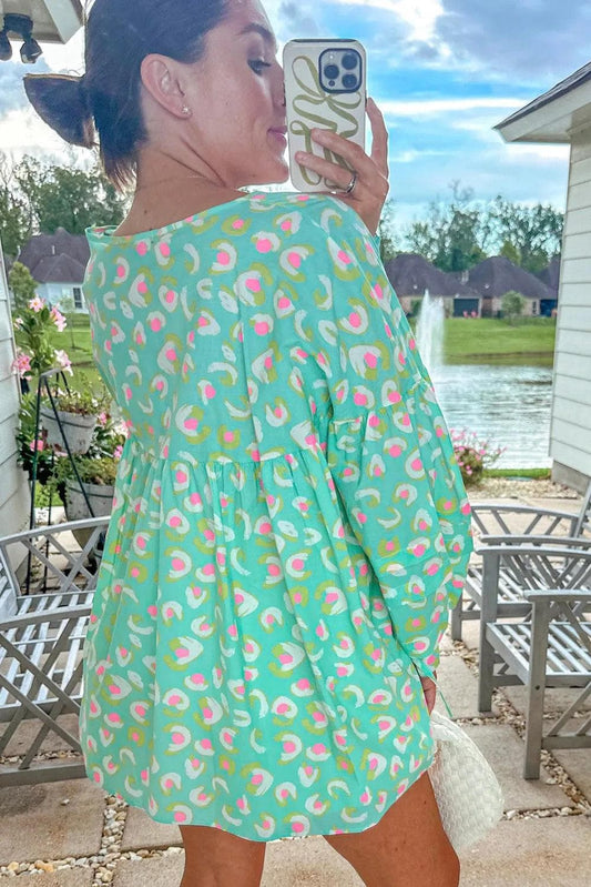 Tops/Blouses & Shirts Green Abstract Printed Lace-up Lantern Sleeve Babydoll Blouse