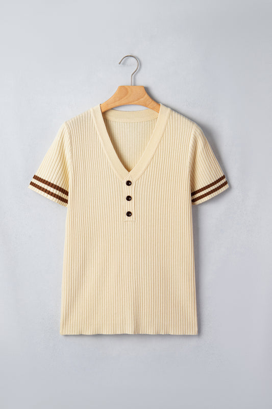 Apricot V Neck Ribbed Knit Striped Trim Short Sleeve Sweater