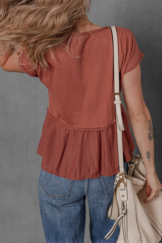 Chestnut Short Sleeve U Neck Buttons Splicing Ruffle Blouse