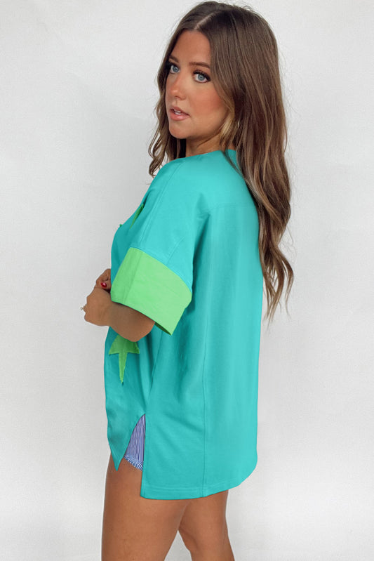 Aruba Blue Frayed Denim Star Patched Oversize T Shirt