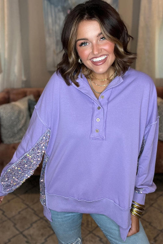 Tops/Sweatshirts & Hoodies Lilac Sequin Patchwork High Low Hem Henley Sweatshirt