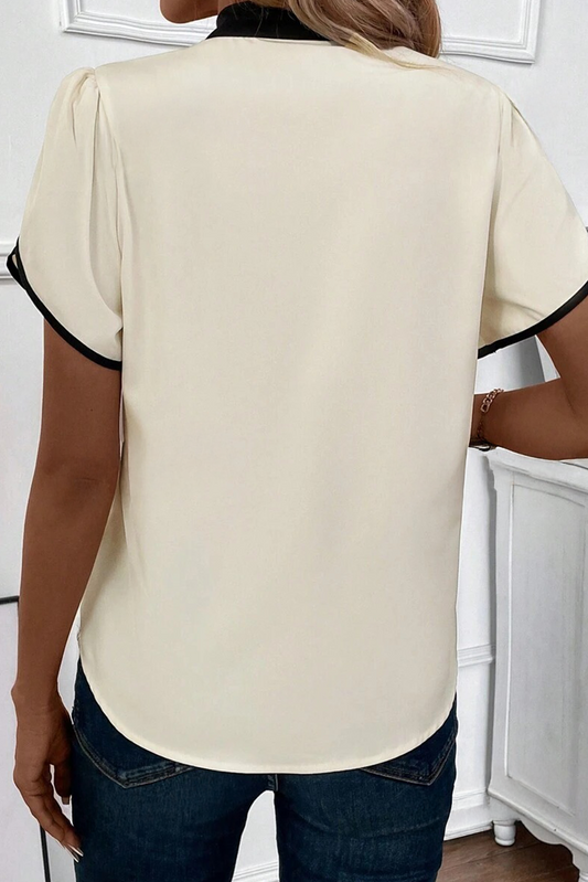 White Bow Knot Neckline Contrast Stripe Short Sleeve Blouse