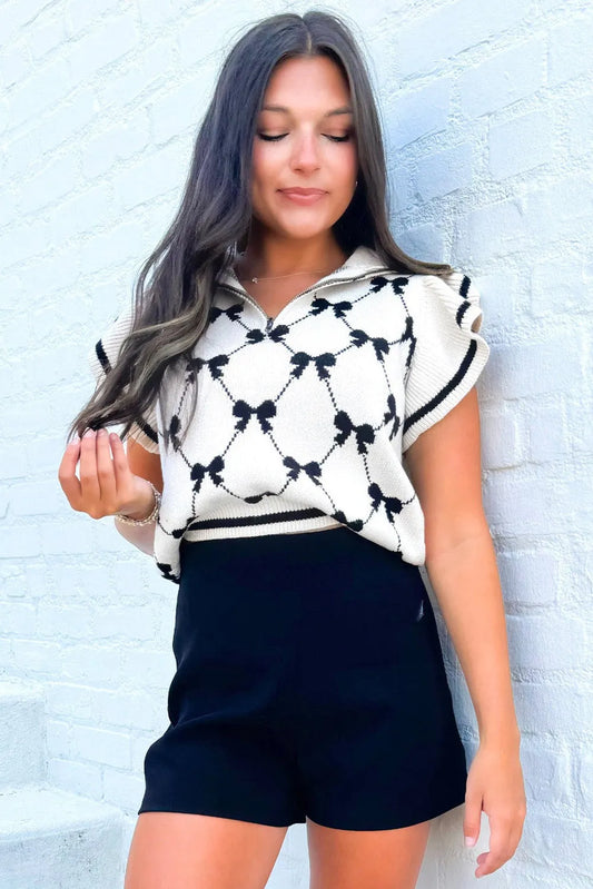 Black Preppy Vibes Bow Print Zipped Collar Sweater Tee - Chic Meadow Boutique