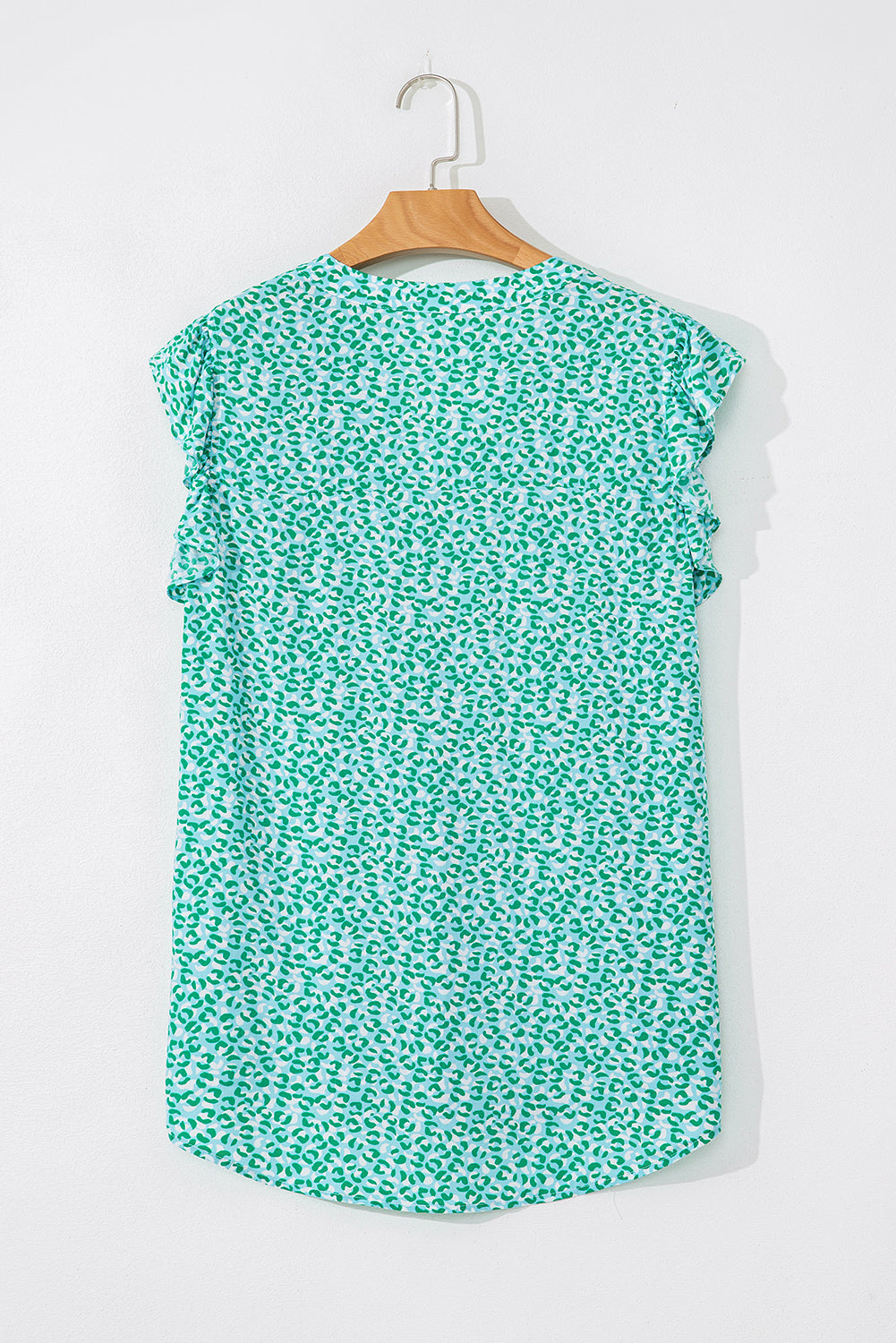 Green Notched V Neck Leopard Ruffle Short Sleeve Blouse