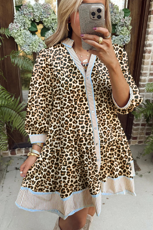 Khaki Plus Size Leopard Print Striped Trim V Neck Drop Waist Long Sleeve Mini Dress