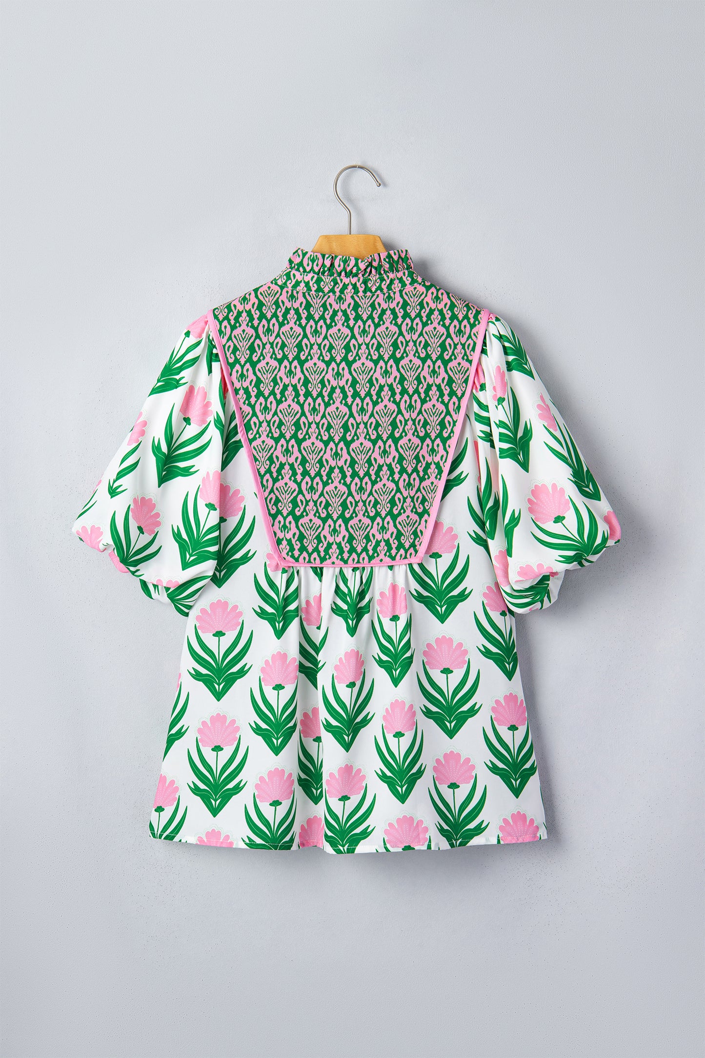 Multicolour Floral Print Puff Sleeve Contrast Bordered V Neck Blouse