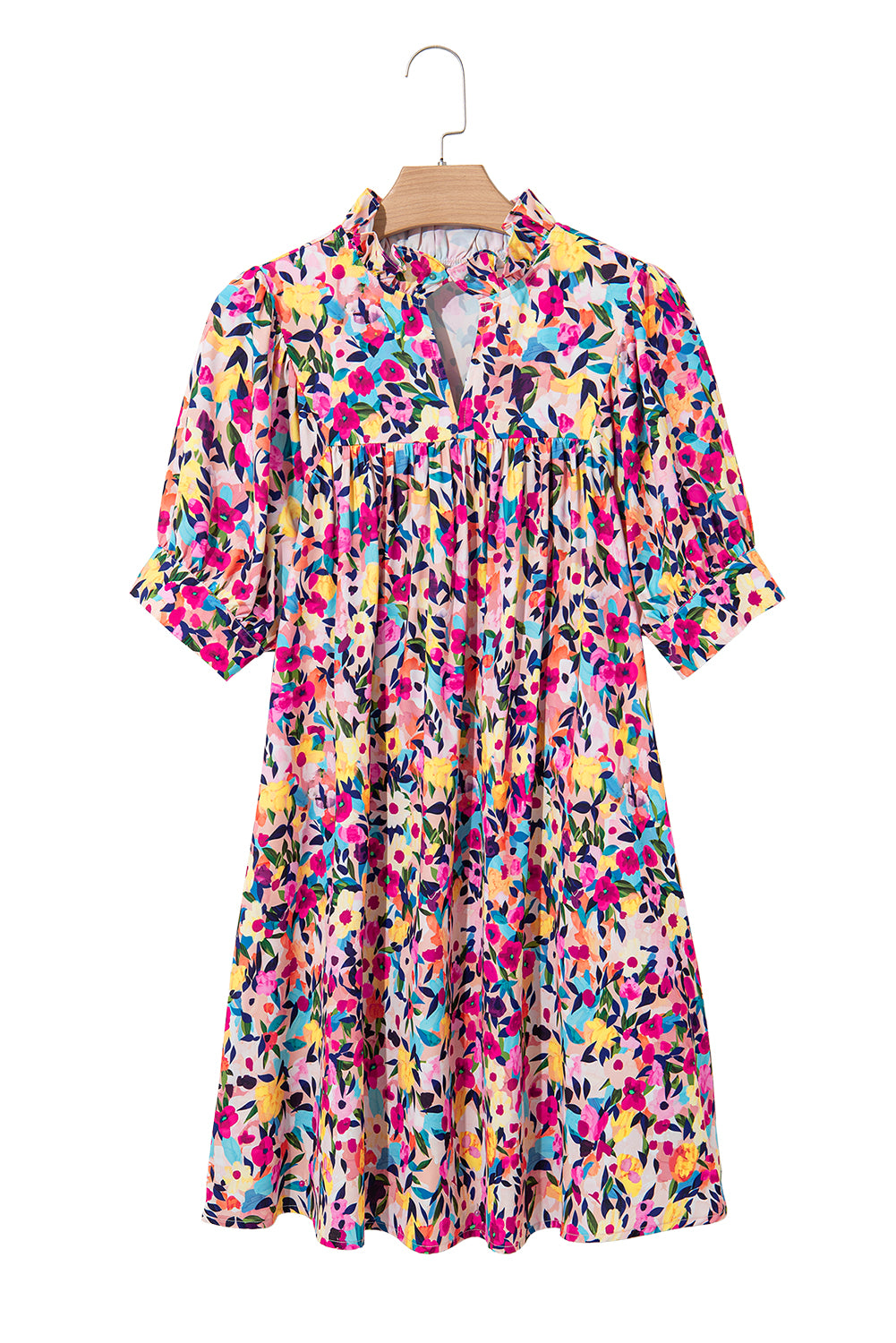 Pink Floral Puff Short Sleeve V Neck Mini Dress