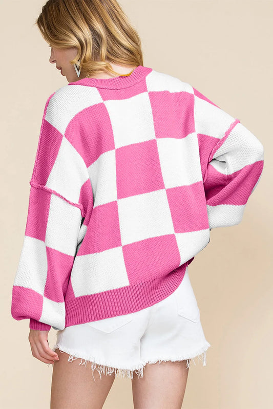 Rose Stripe Checkered Bishop Sleeve Sweater - Chic Meadow Boutique