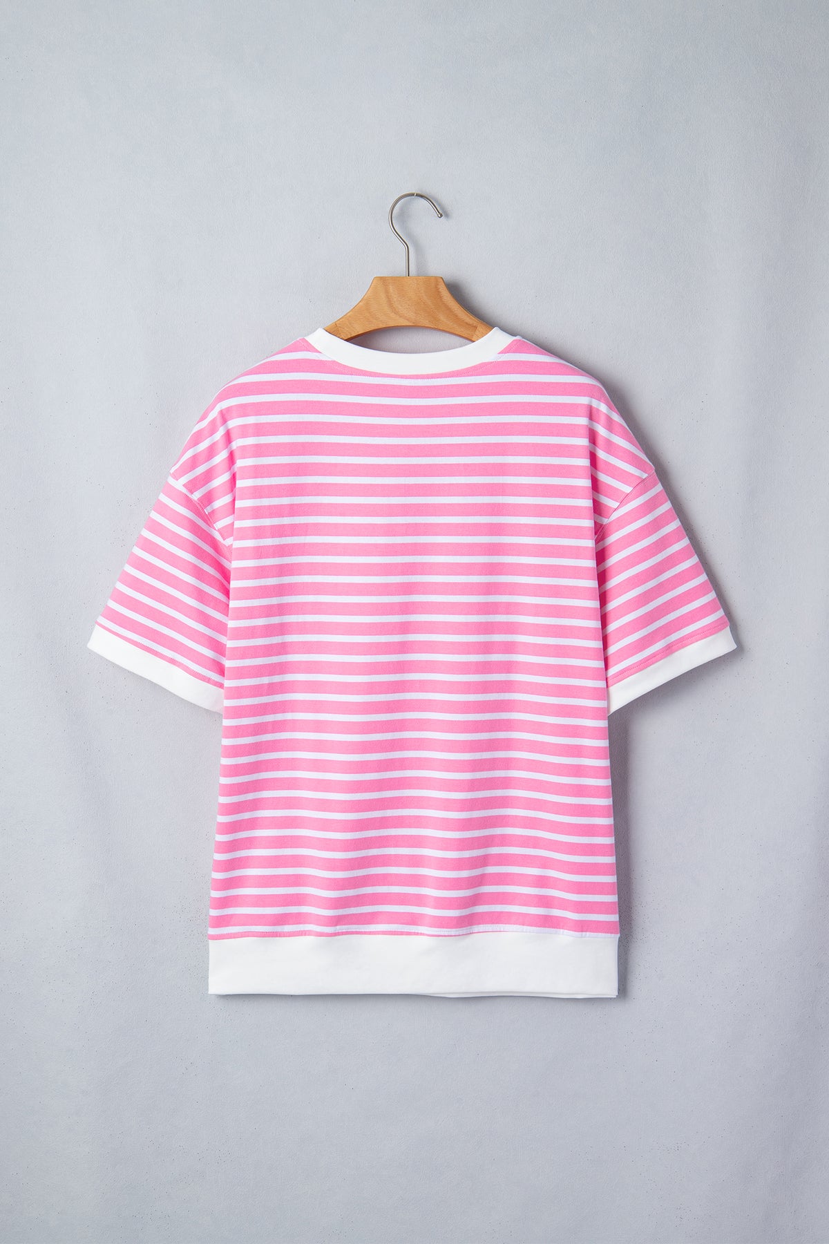 Pink Stripe Round Neck Drop Shoulder Short Sleeve Loose Top
