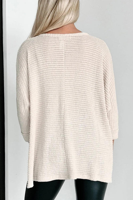 Tops/Long Sleeve Tops Apricot Waffle Knit Splits Batwing Sleeve Oversized Top