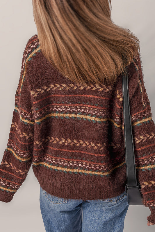 Brown Ethnic Pattern Mohair Knitted Drop Shoulder Sweater