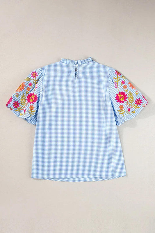 Tops/Blouses & Shirts Light Blue Gingham Floral Embroidered Puff Sleeve Blouse