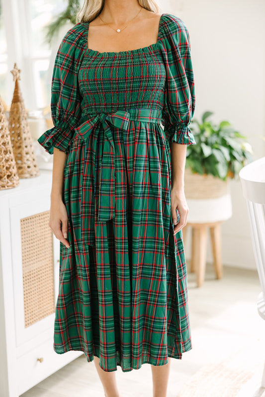 Green Tartan Plaid Square Neck Puff Sleeve Knot Waist Flared Midi Dress