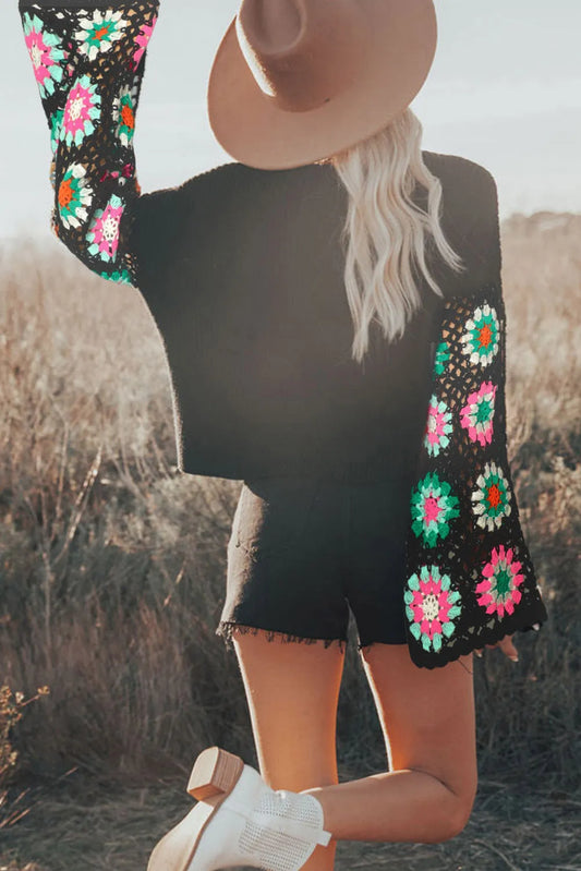 Black Floral Crochet Bell Sleeve Loose Sweater - Chic Meadow Boutique