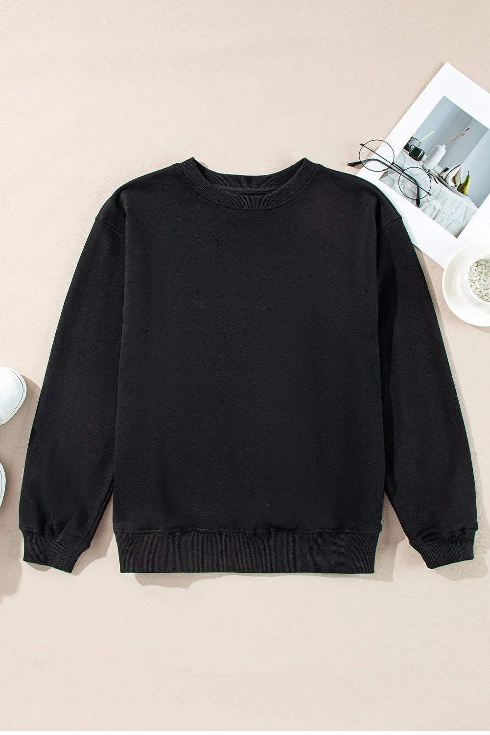 Black Plain Drop Shoulder Crewneck Pullover Sweatshirt - Chic Meadow Boutique