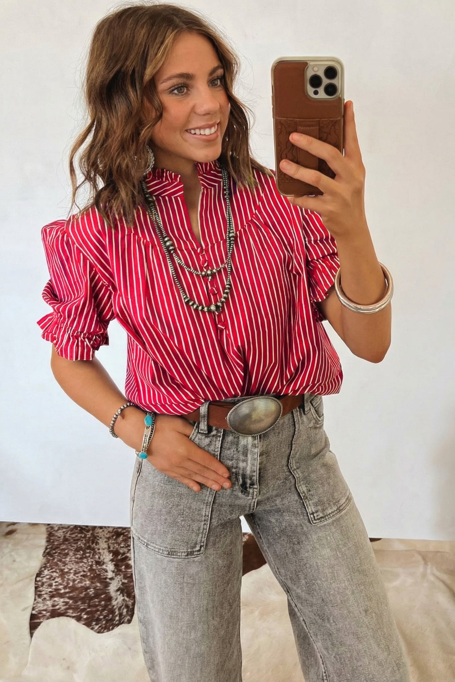 Red Stripe Ruffled Short Puff Sleeve Button Front Blouse