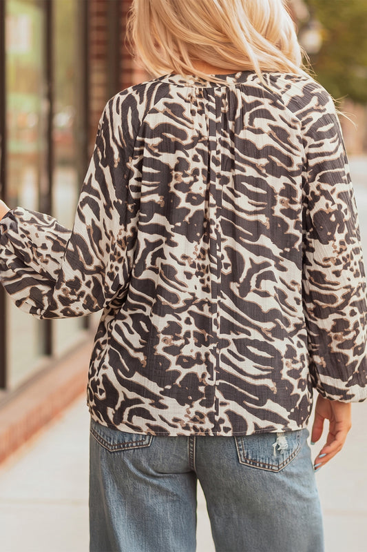 Parchment Leopard Print V Neck Button Down Balloon Sleeve Shirt
