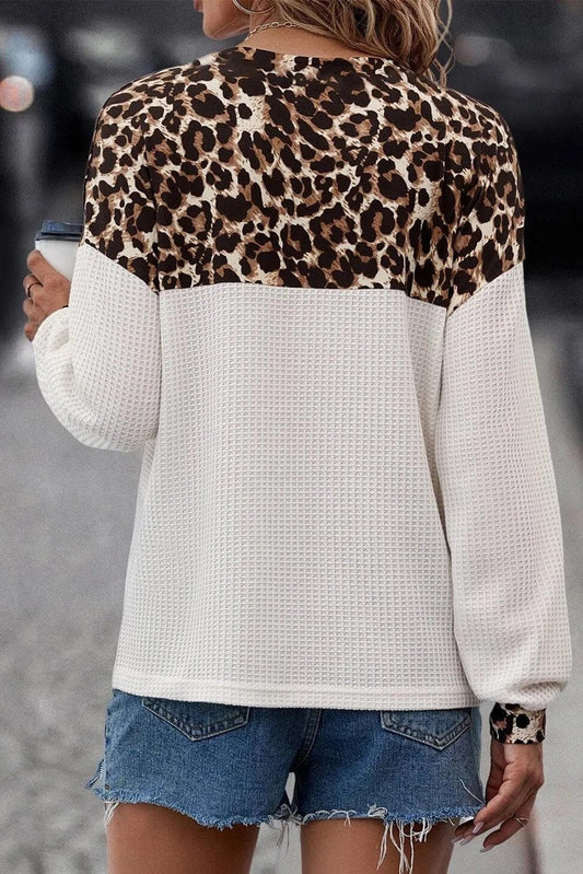 Tops/Long Sleeve Tops White Leopard Waffle Knit Patchwork Button V Neck Top