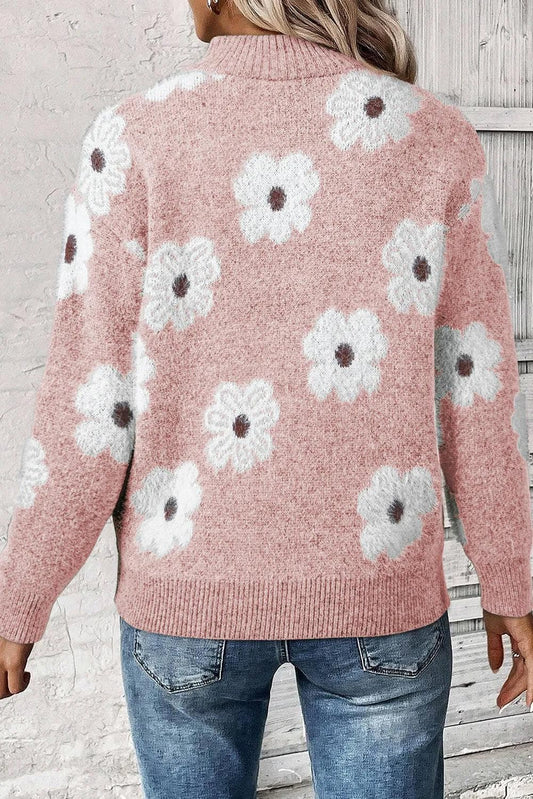 Sweaters & Cardigans/Sweaters Pink Floral Pattern Half Zip Drop Shoulder Sweater