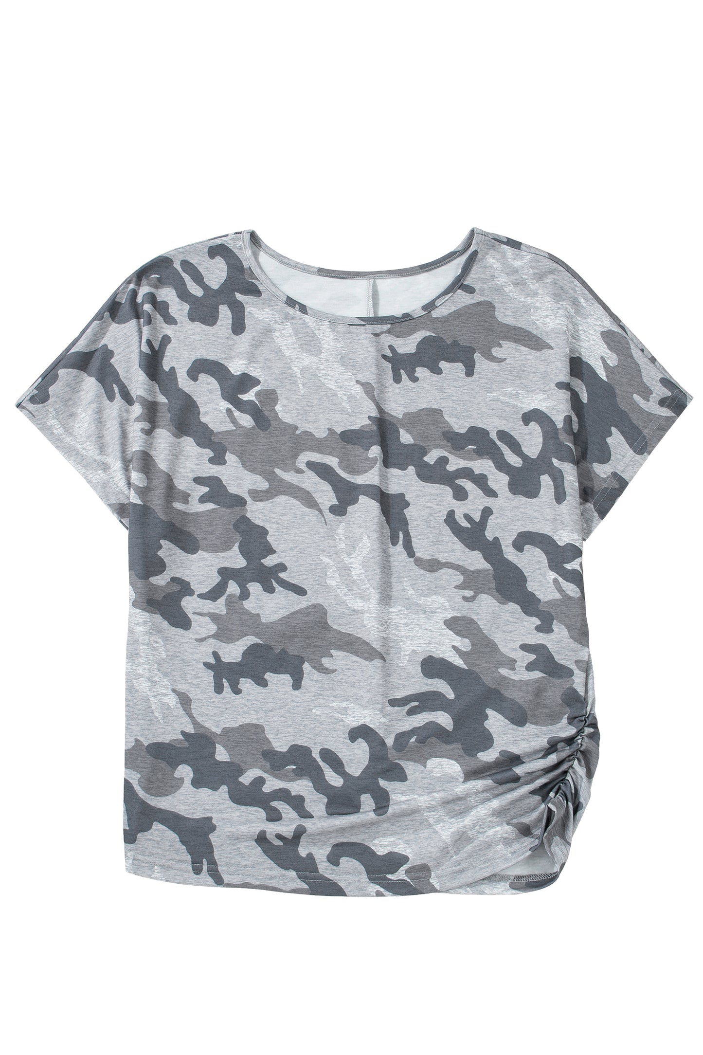 Gray Camouflage Print Round Neck T Shirt
