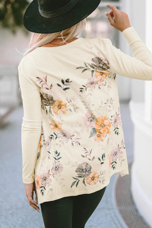 Tops/Sweaters & Cardigans Apricot Floral Print Ribbed Knit Slim Fit Cardigan