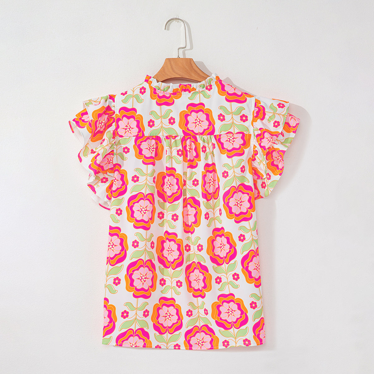 Rose Floral Ruffled Sleeve Ric-rac Trim Split Neck Loose Blouse