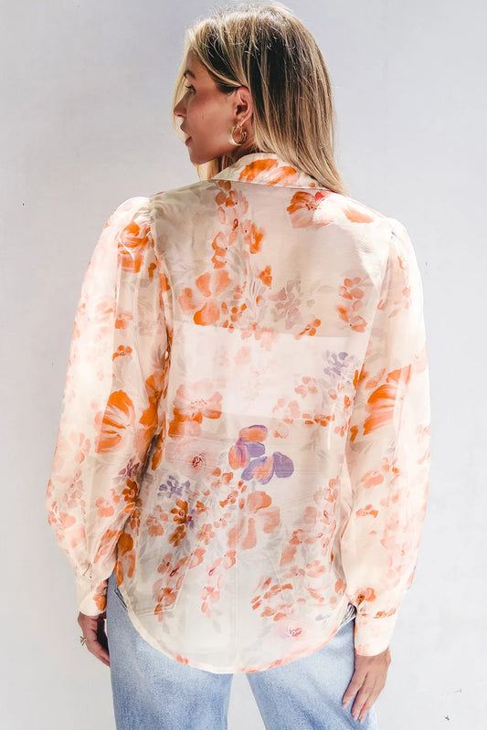 White Floral Print Collared Balloon Sleeve Loose Shirt - Chic Meadow Boutique
