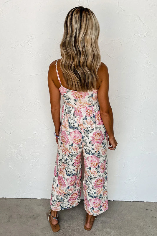 White Floral Spaghetti Straps Wide Leg Jumpsuit - Chic Meadow Boutique