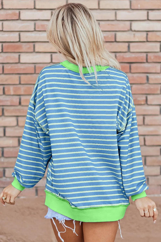 Tops/Sweatshirts & Hoodies Sky Blue Stripe Contrast Trim High Low Pullover Tunic Sweatshirt