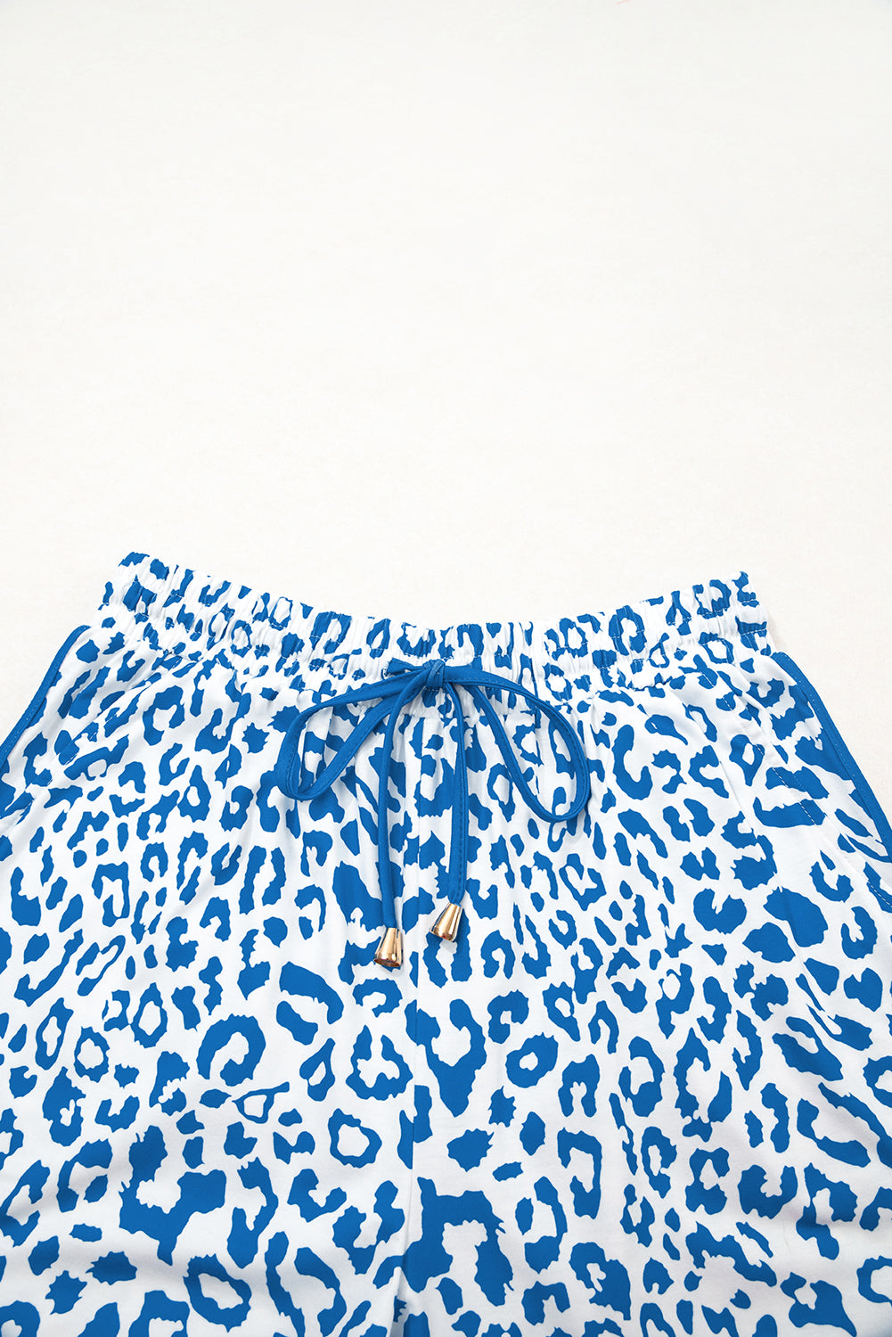 Blue Leopard Elastic Waist Lace up Contrast Trim Casual Shorts