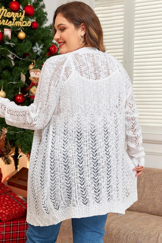 Plus Size/Plus Size Sweaters & Cardigans White Plus Size Eyelet Knit Open Front Cardigan