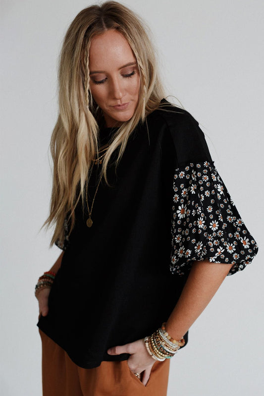 Black Contrast Floral Puff Sleeve Oversized Top