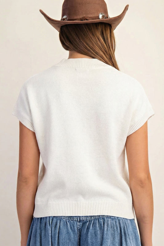 White Corded Horseshoes Ribbed Trim Mock Neck Short Sleeve Sweater