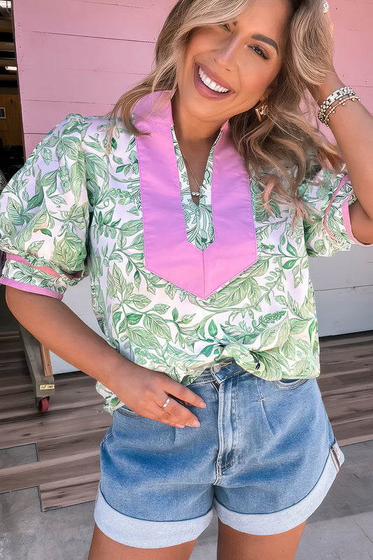 Green Leaves Pattern Color Block V Neck Puff Sleeve Blouse