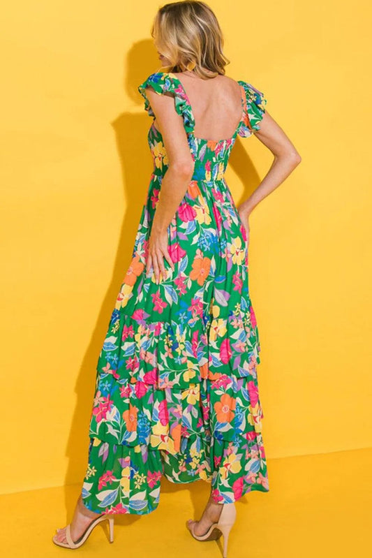 Dresses/Floral Dresses Green Floral Print Sleeveless Ruffle Tiered Maxi Dress