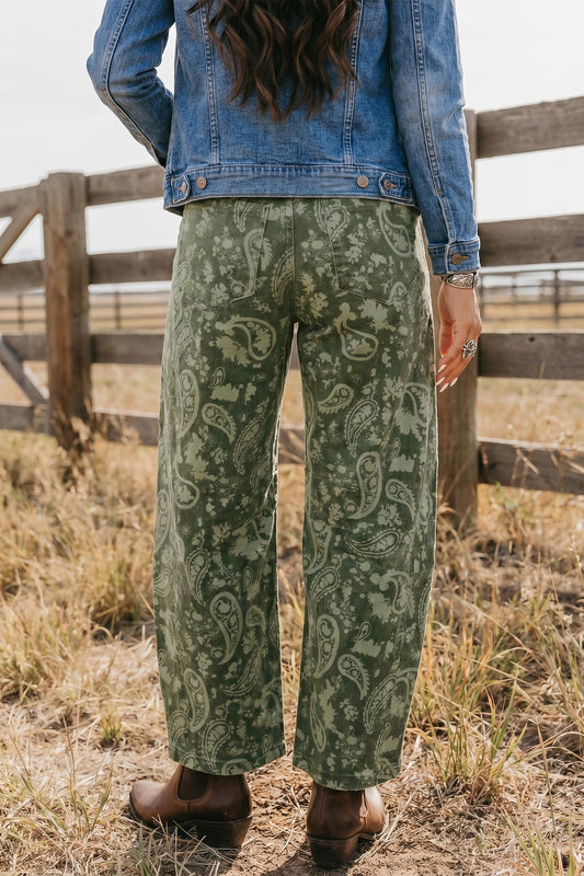 Green Paisley Print Harem Denim Pants